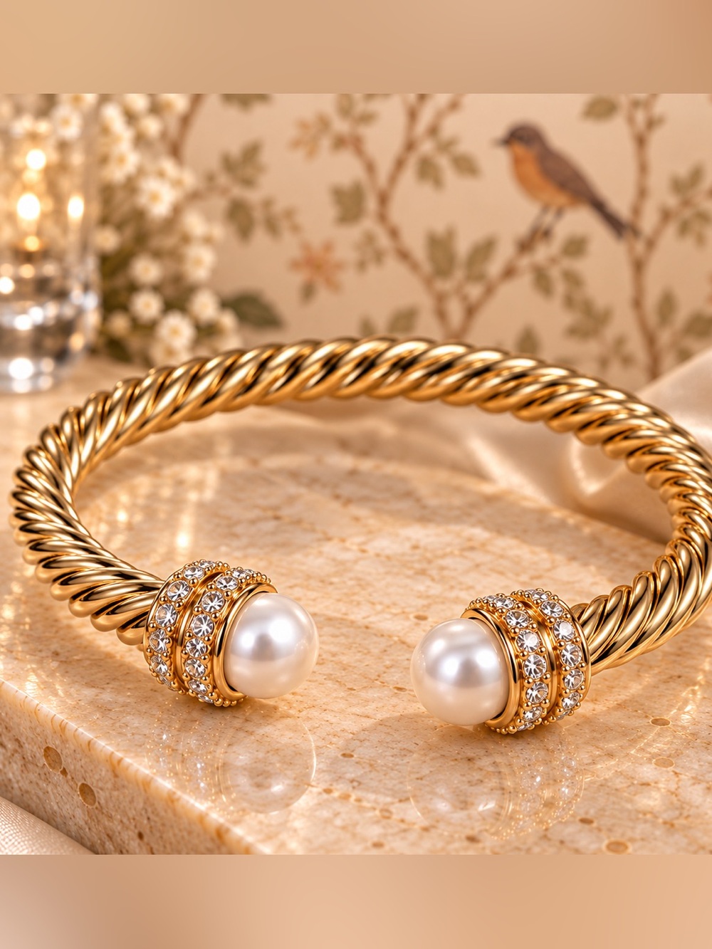 Gold-Tone Cable Cuff Bracelet with Pearl & Crystal Accents